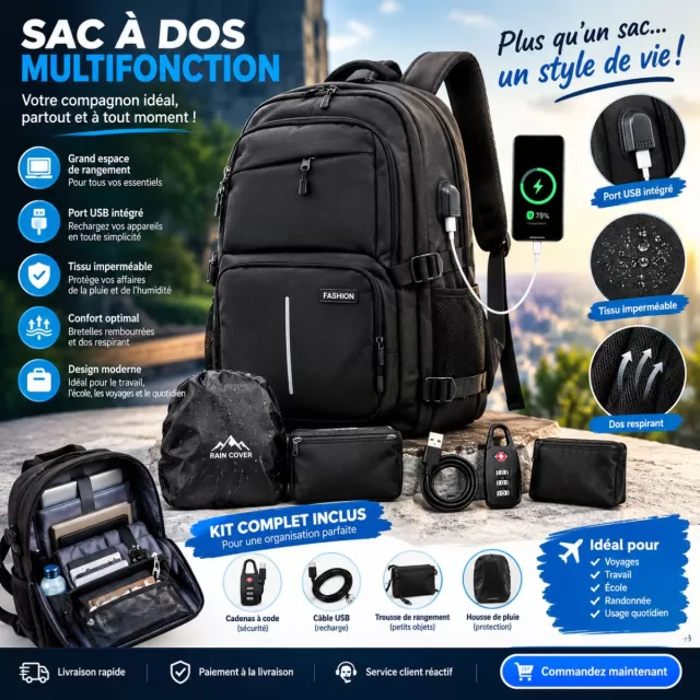 Sac à dos noir multifonction