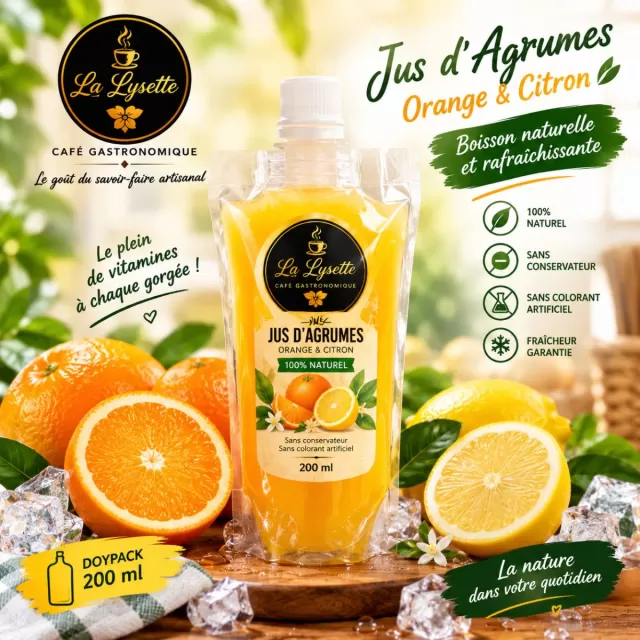 Jus d'agrumes Orange et Citron. Rafraîchissant, naturel, sans conservateur